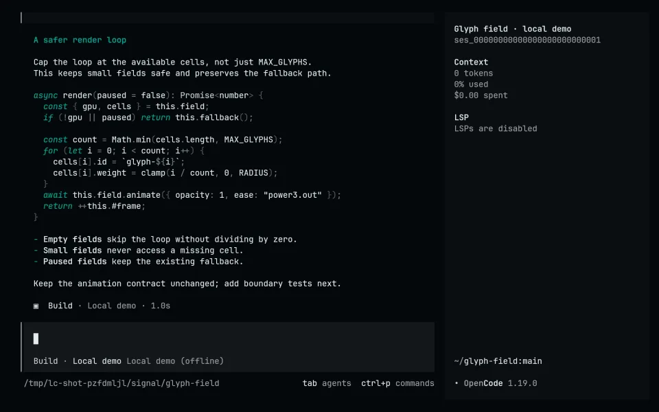 OpenCode running Living Code Signal