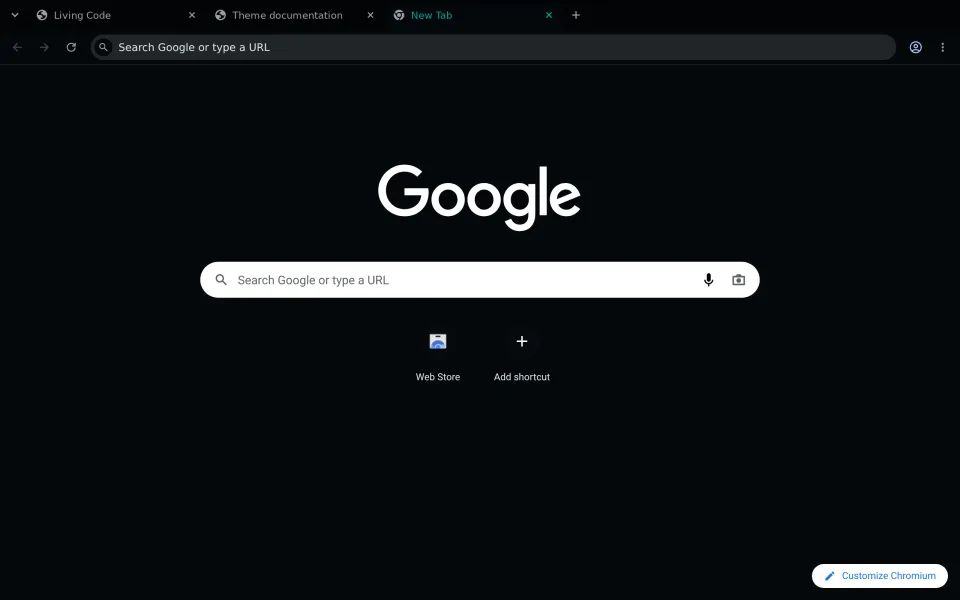 Real Chromium in English with Living Code Night: dark slate surfaces and a small teal active-tab accent