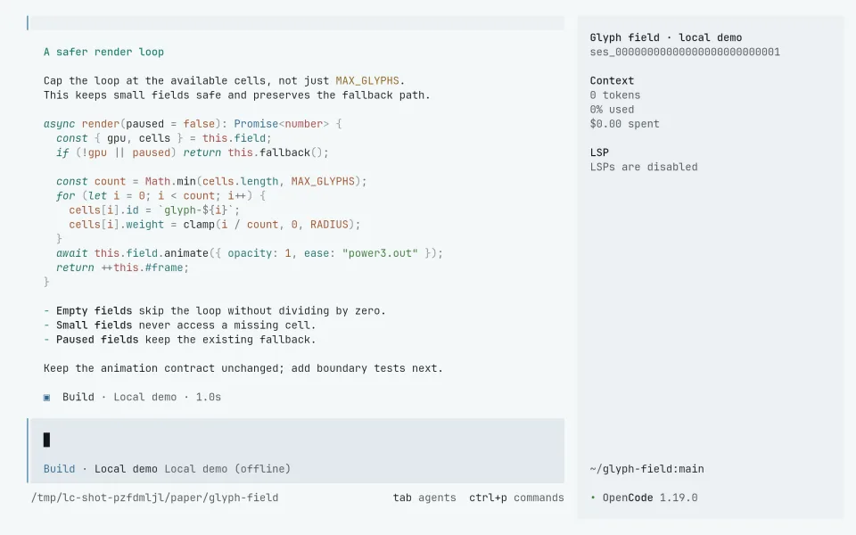 OpenCode running Living Code Paper