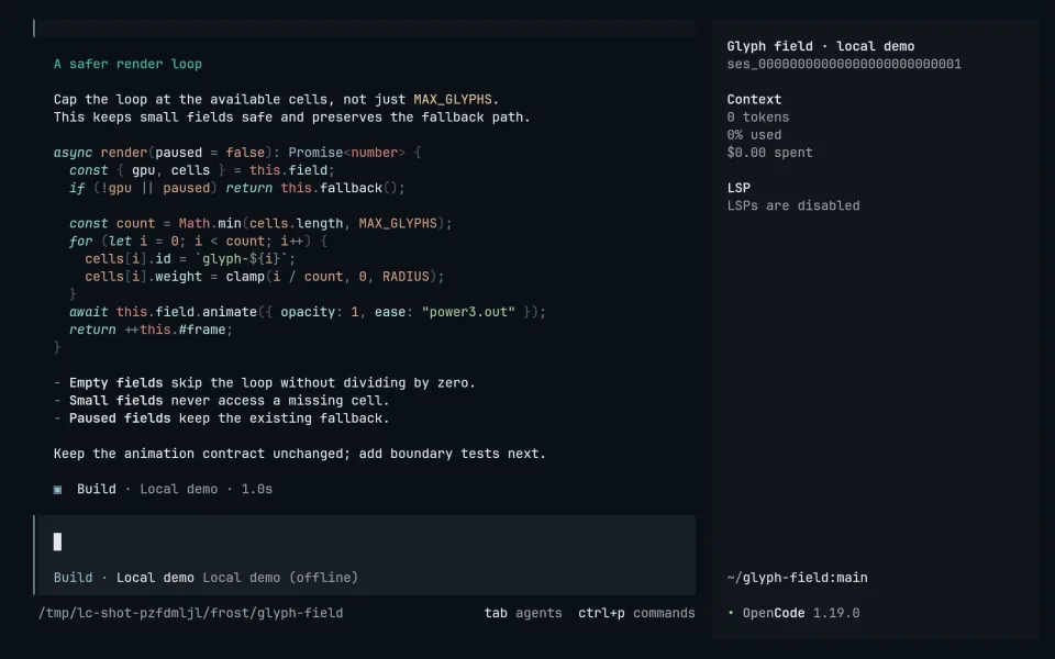 OpenCode running Living Code Frost