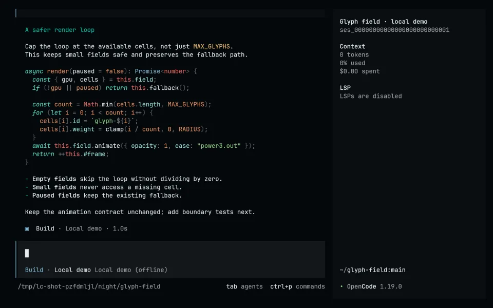 OpenCode running Living Code Night