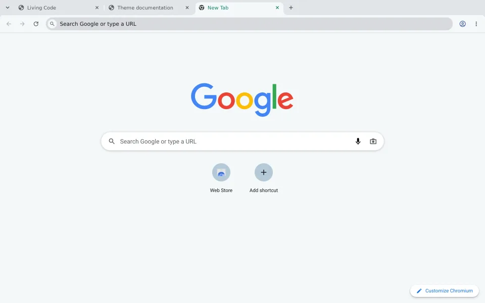 Real Chromium in English with Living Code Paper: light slate surfaces and a small teal active-tab accent