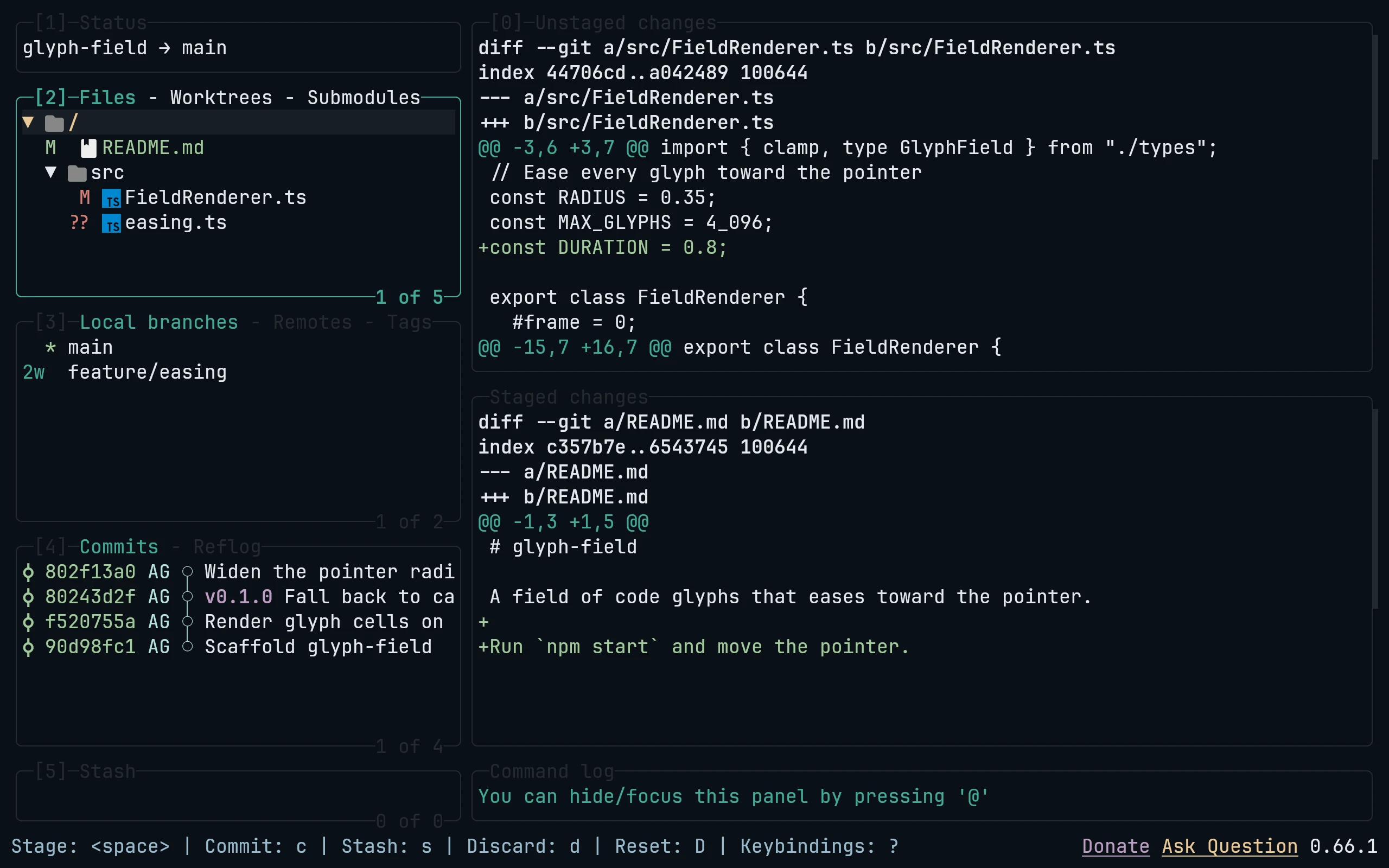 lazygit running Living Code Frost