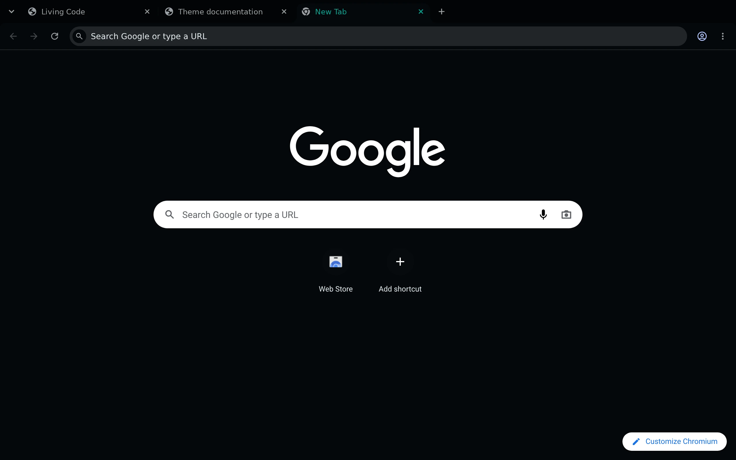 Real Chromium in English with Living Code Night: dark slate surfaces and a small teal active-tab accent