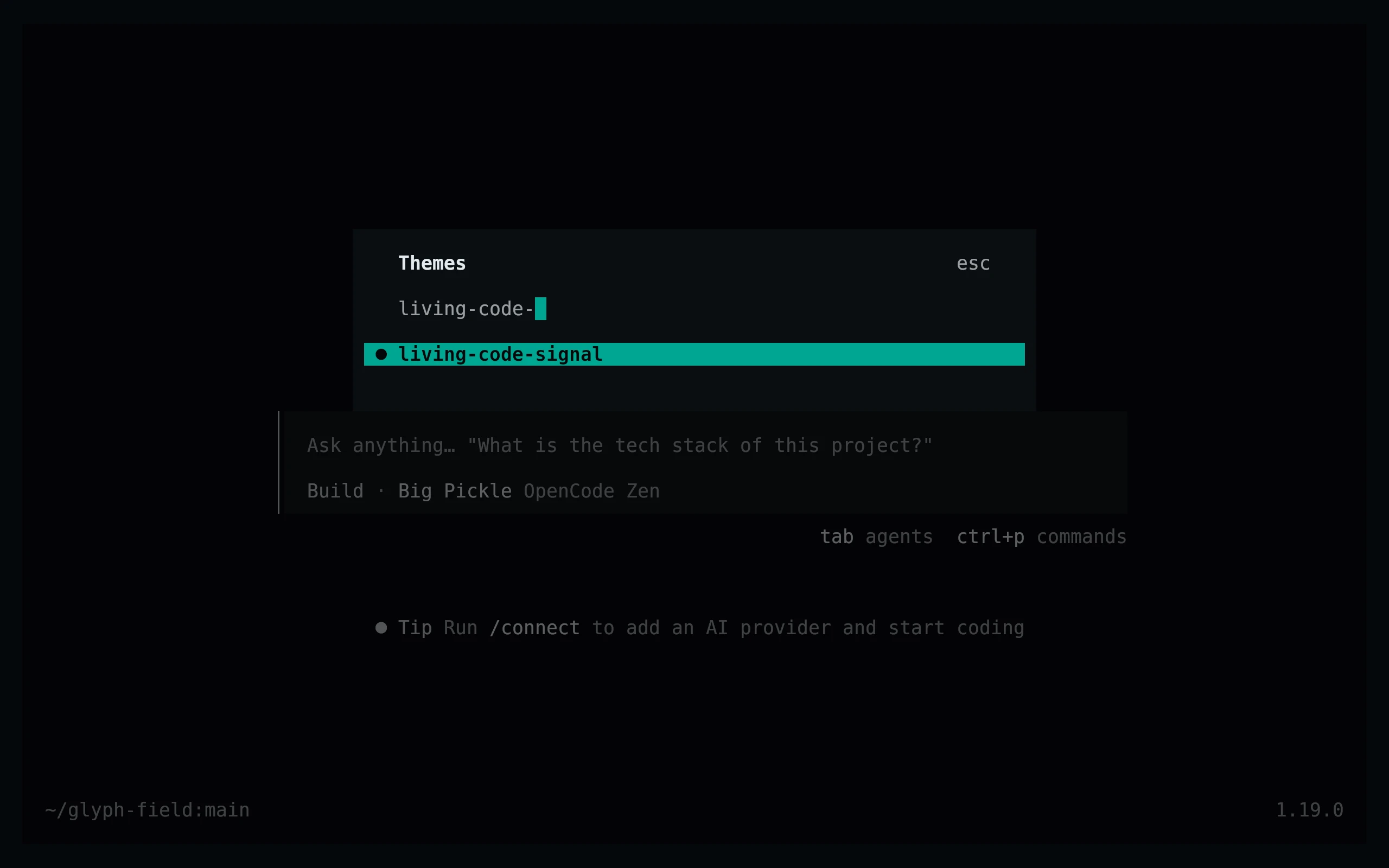 OpenCode running Living Code Signal