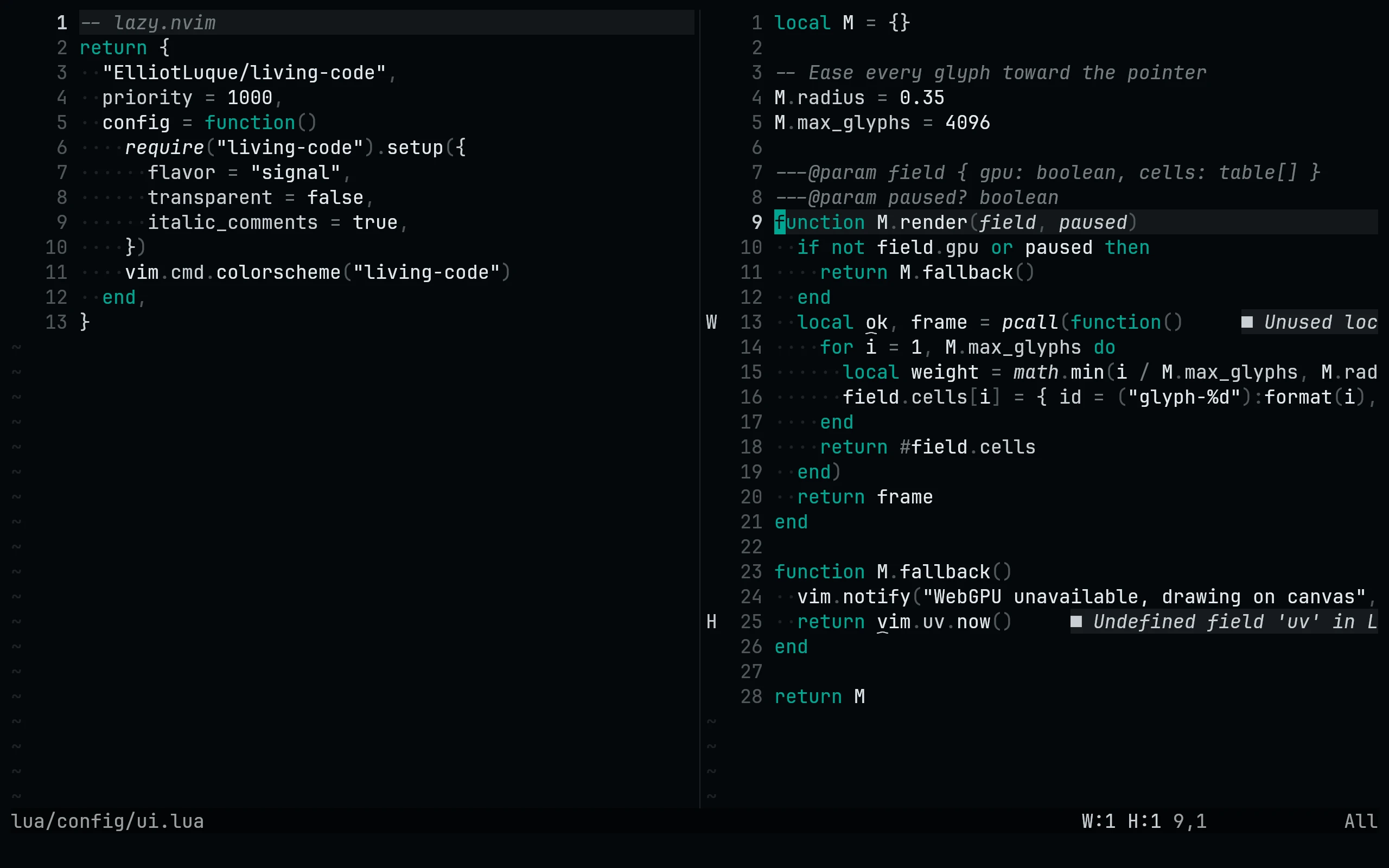 Neovim running Living Code Signal