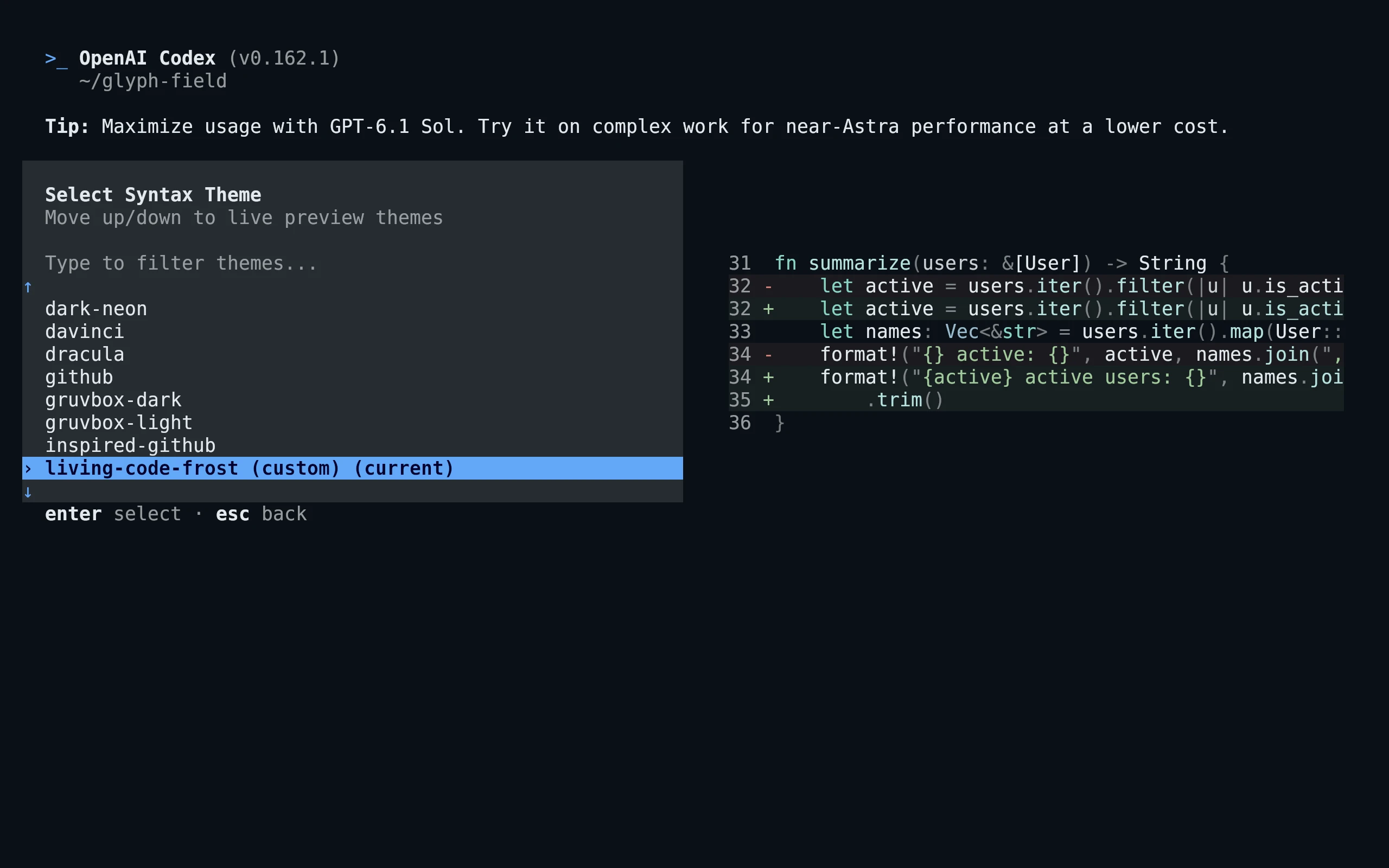 Codex running Living Code Frost