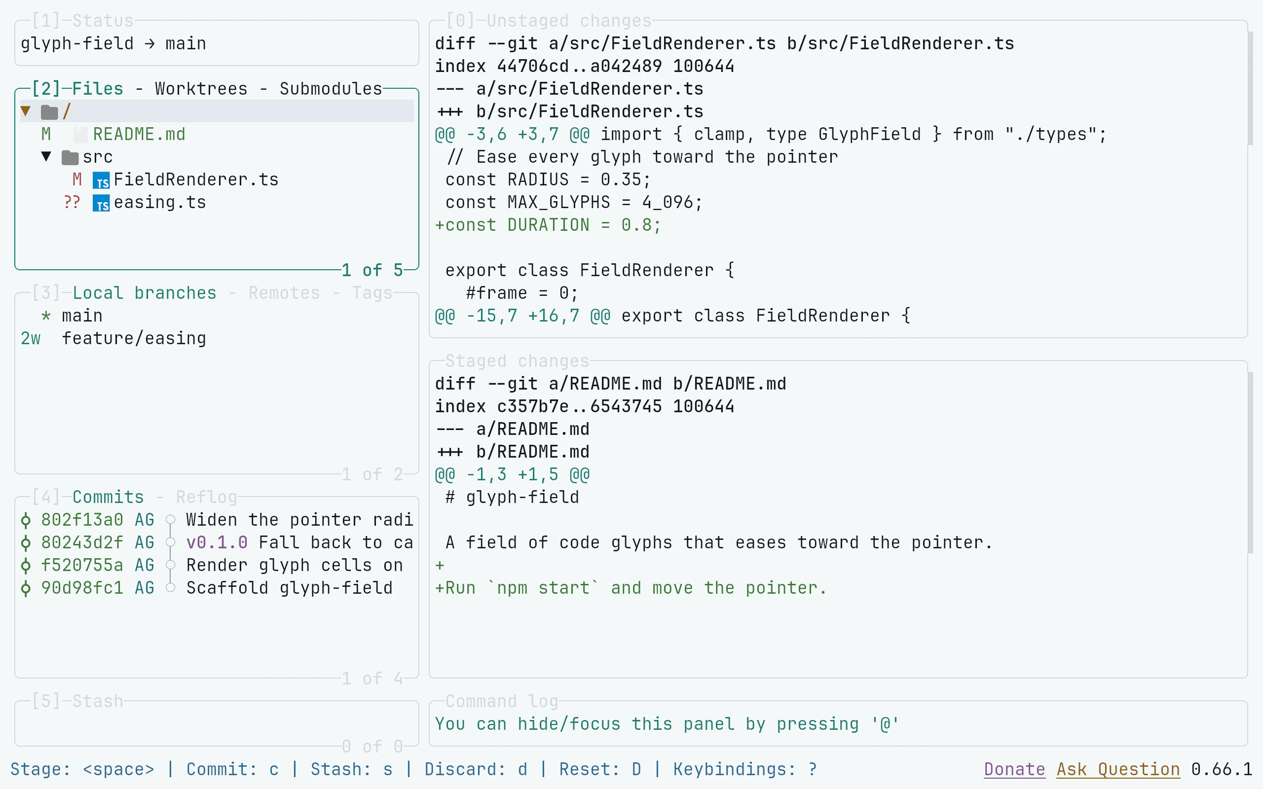 lazygit running Living Code Paper