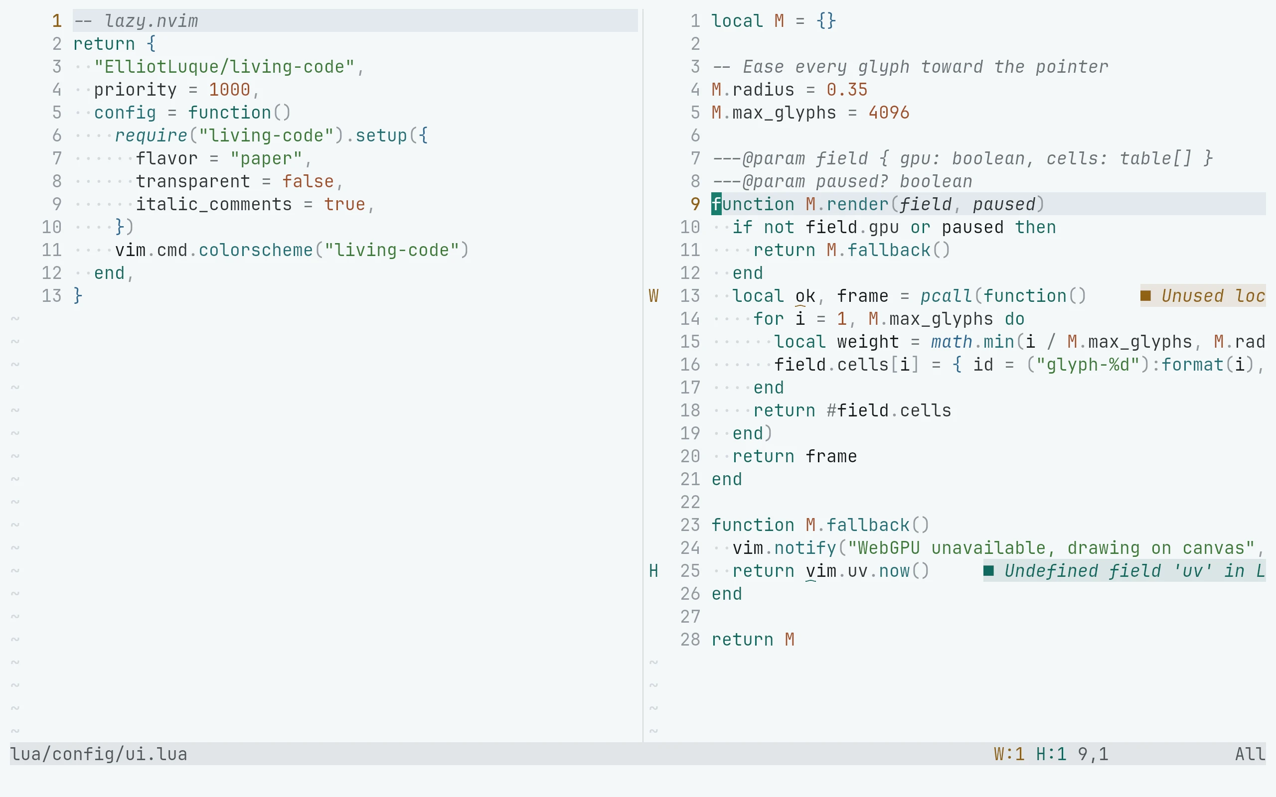 Neovim running Living Code Paper
