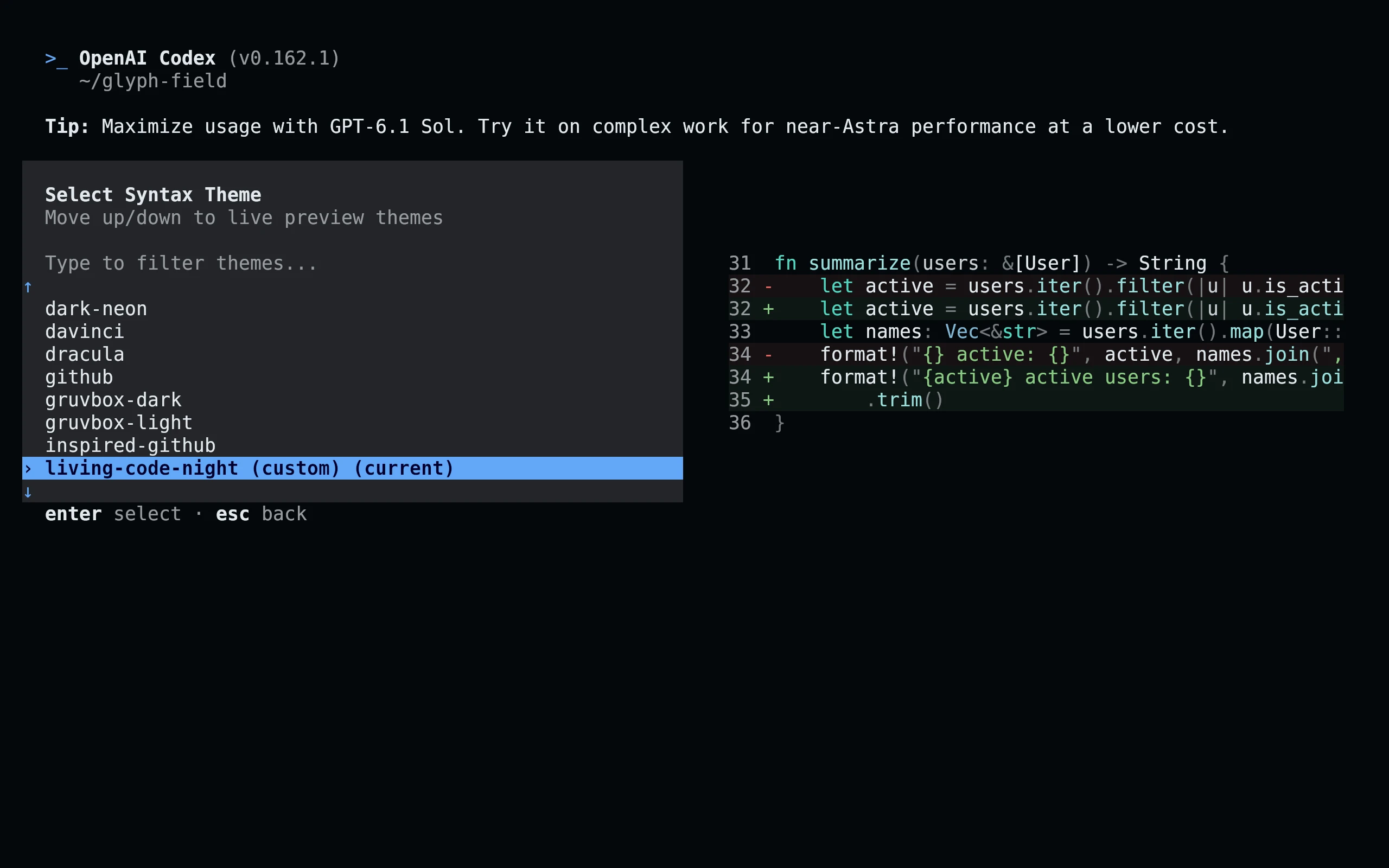 Codex running Living Code Night