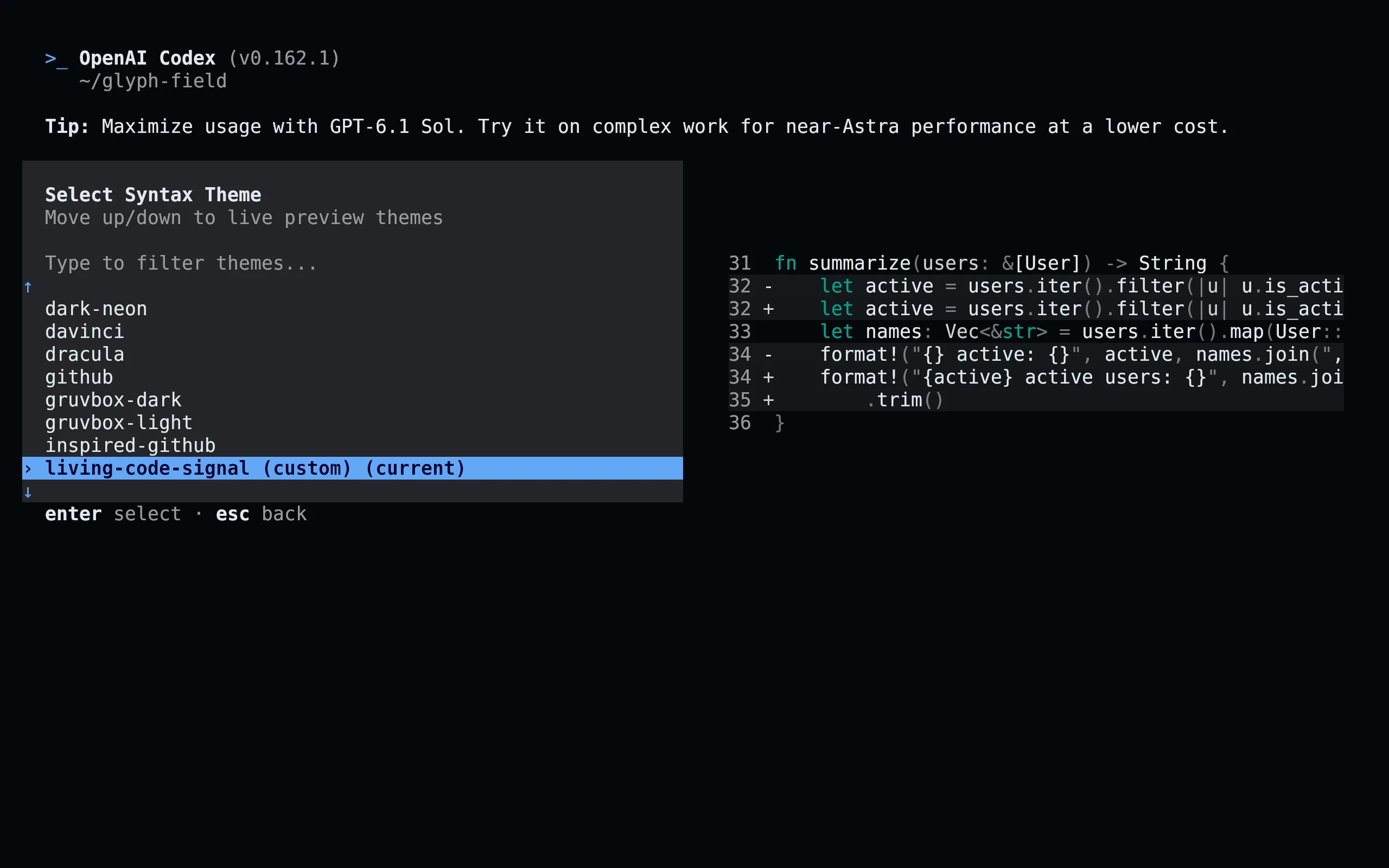 Codex running Living Code Signal