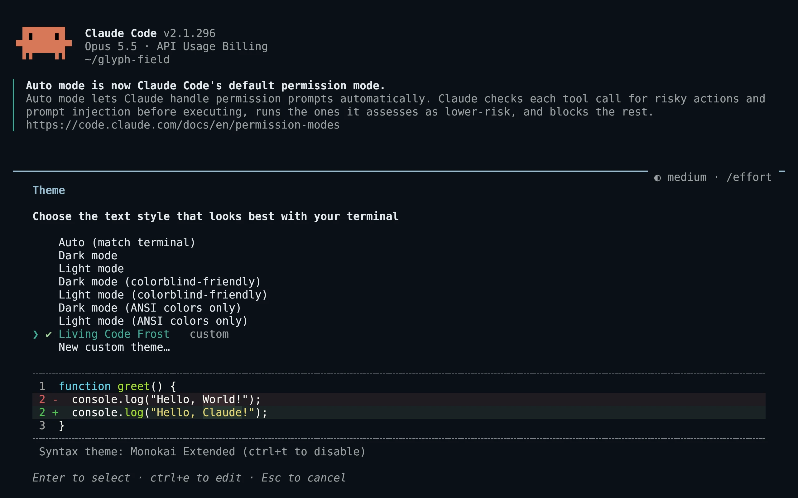 Claude Code running Living Code Frost