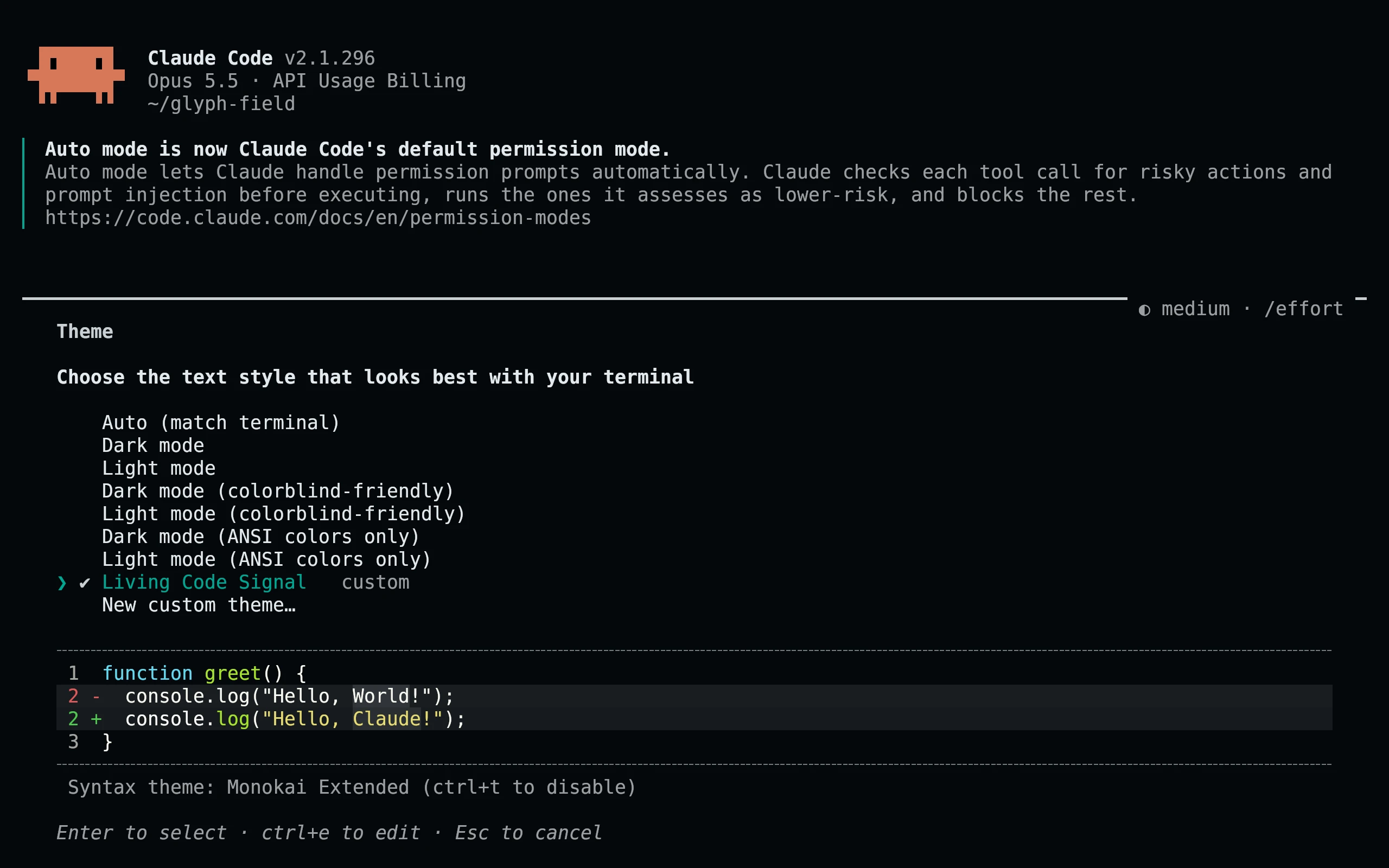 Claude Code running Living Code Signal