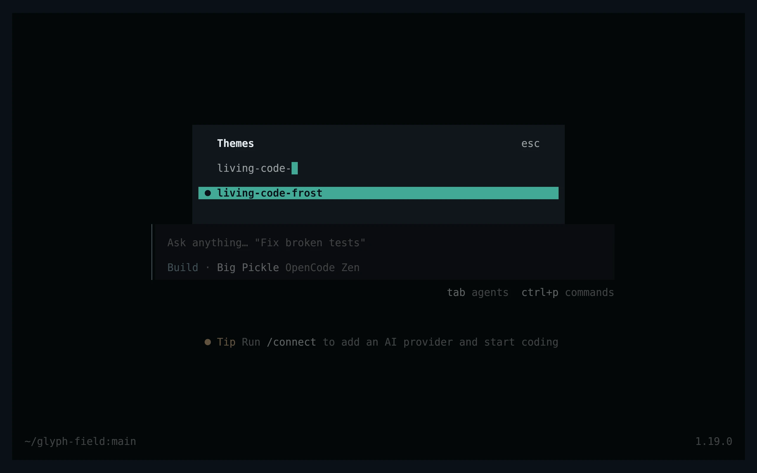 OpenCode running Living Code Frost