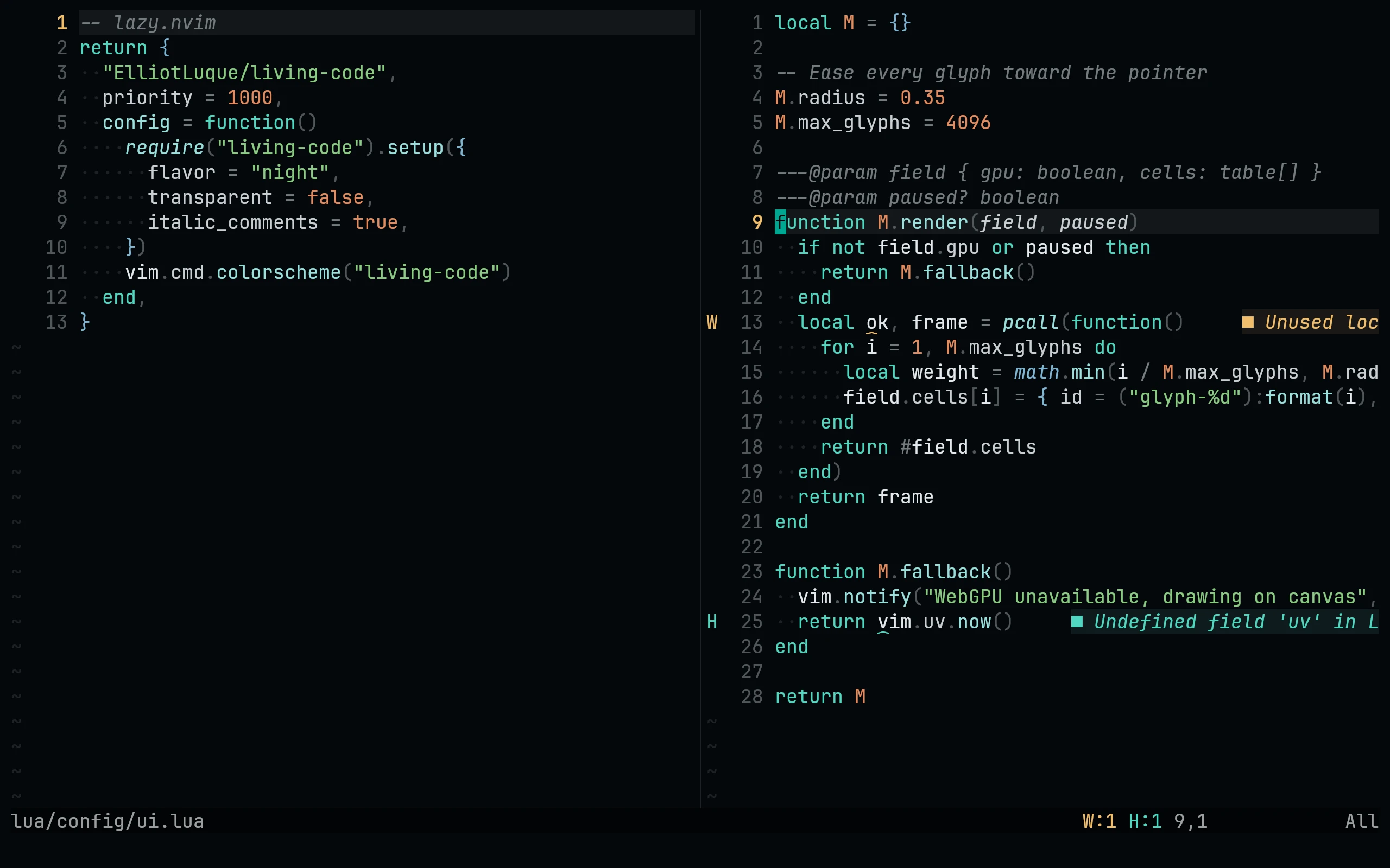Neovim running Living Code Night