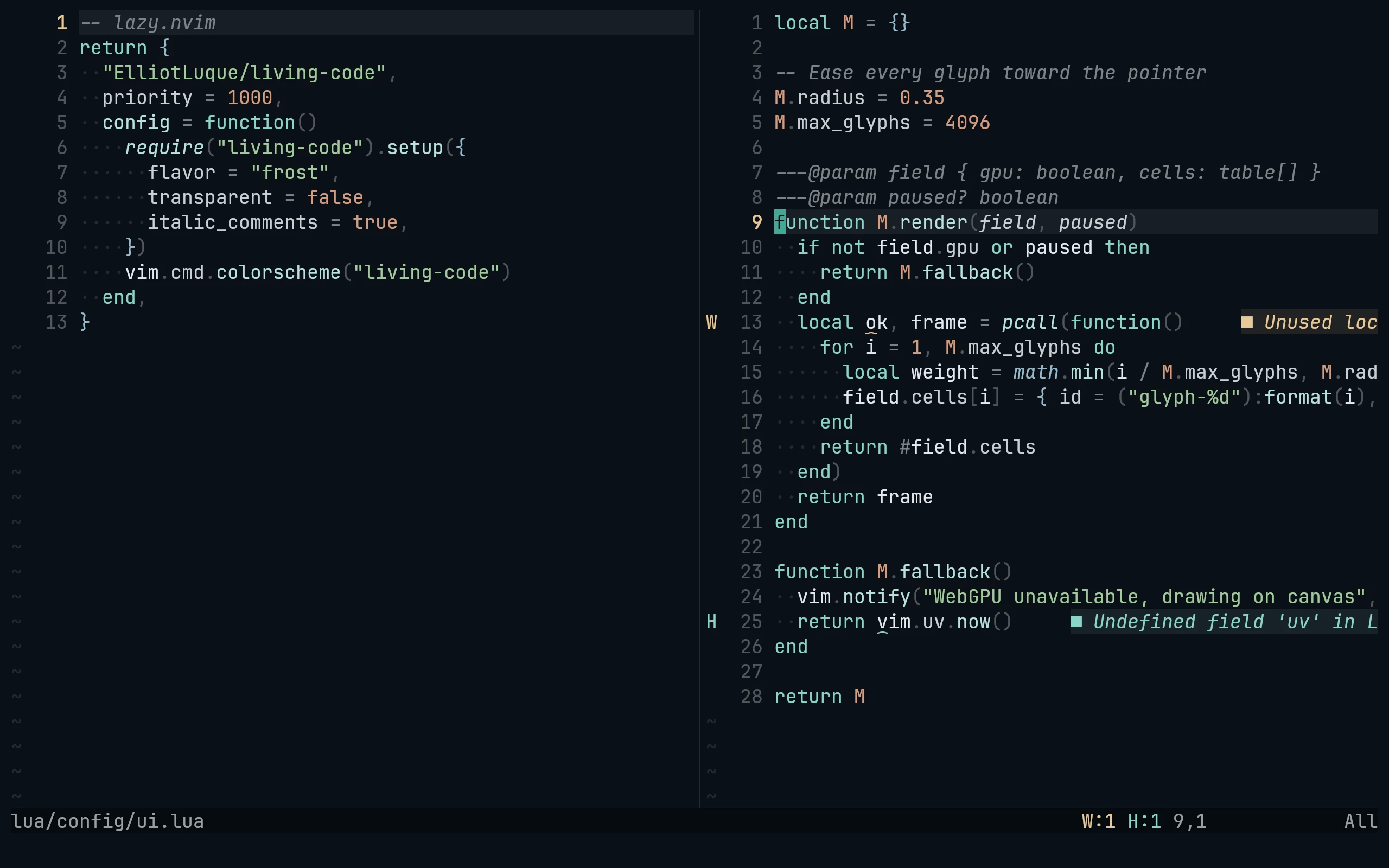 Neovim running Living Code Frost