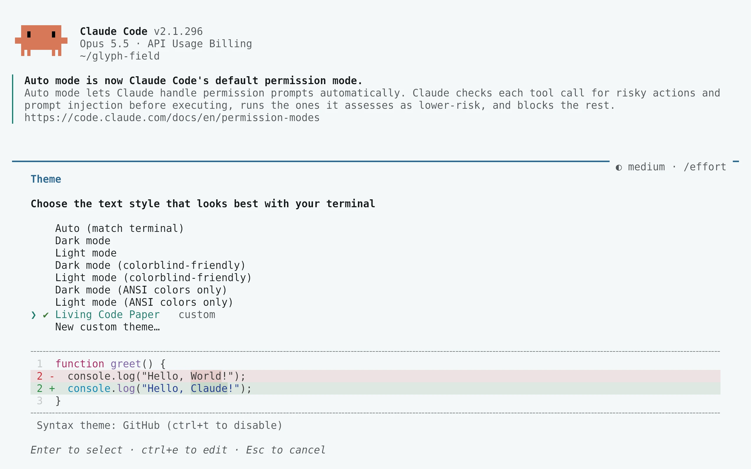 Claude Code running Living Code Paper